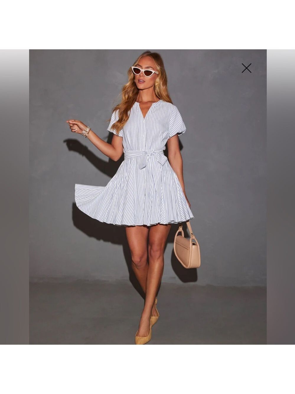 VICI Blue White Striped Fit & Flare Mini Dress Tie Waist Puff Sleeve M Coastal